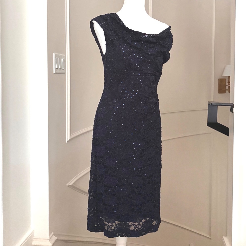Connected Apparel Lace Sequin Sheath Dress Navy Blue Cocktail Formal Size 8